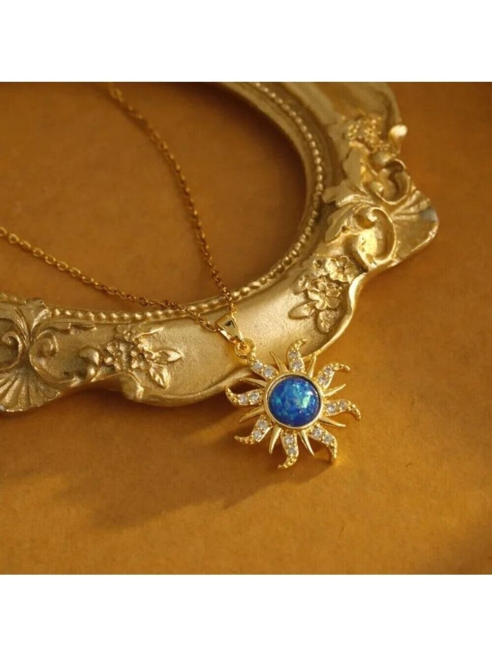 18K Gold Plated Stainless Steel Sun Pendant Necklace with Blue Opal Center